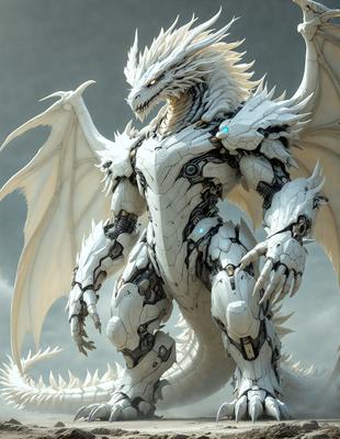 The primary subject of the image is a white dragon with a mechanical or robotic appearance. The dragon is standing on a cloudy surface, which serves as the setting for the scene. The visual style of the image is digital art or illustration, as it features a detailed and intricate design. The dominant colors in the image are white and gray, giving it a futuristic and mechanical feel.